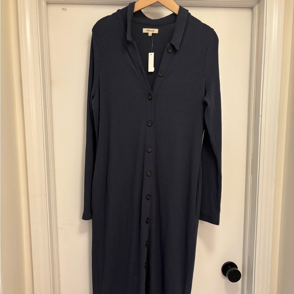 Madewell Navy Ribbed Long-Sleeve Button-Front Dress